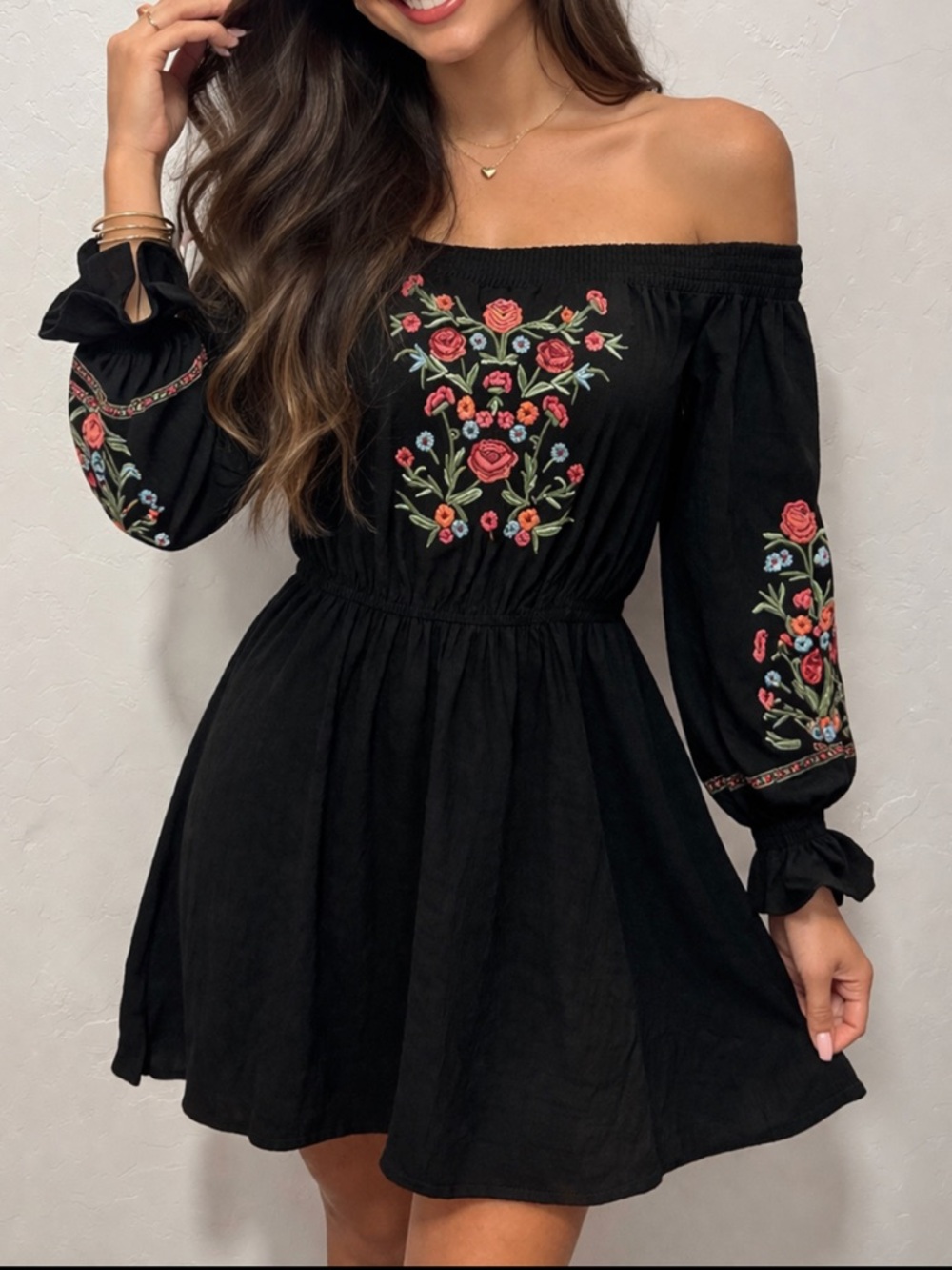 Hollister Black Off-Shoulder Floral Embroidered Dress
